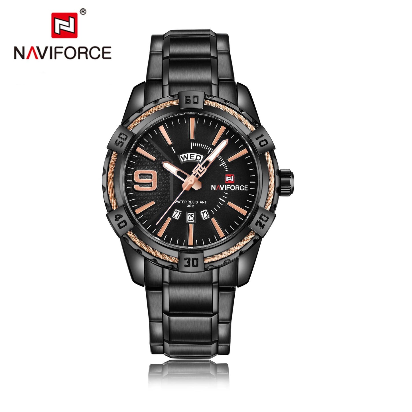NAVIFORCE Luxury Men's Watch, Original Fashion Quartz Movement, Classic Watch, Waterproof, Business Style, Steel Strap, Color: Parallel Import