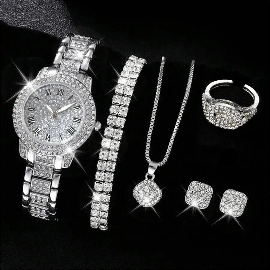 Set of 6 Women's Luxury Elegant Alloy Crystal Bracelet Quartz Watches with Glitter Stones, Gift for Women, Parallel Import
