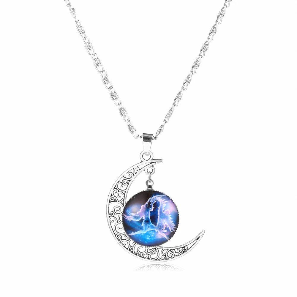 12 Zodiac Signs Glass Dome Crescent Moon Necklace for Women, Stylish Party Jewelry (Compatible with Aries, Taurus, Cancer, Aquarius, and Pisces), Metal Color, Parallel Import