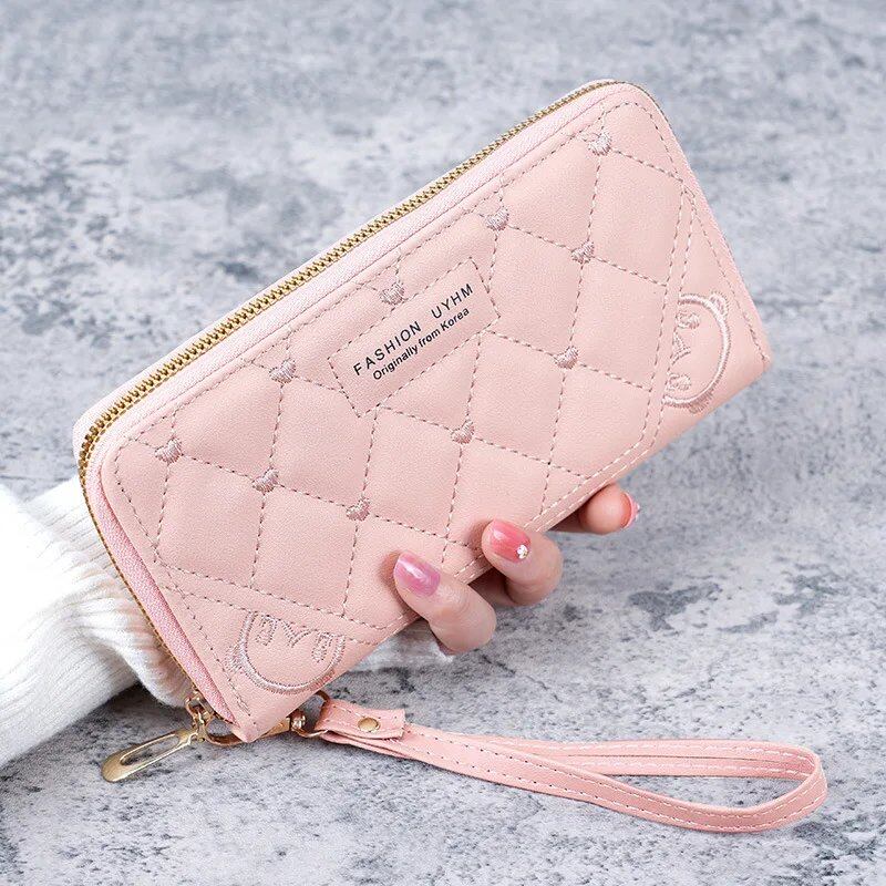 女性用ファッション ハート型 ジッパー付き長財布 ソリッドカラー PUレザー コインポーチ レディース リストバンド付き カードホルダー クラッチバッグ ;発送元: 並行輸入品