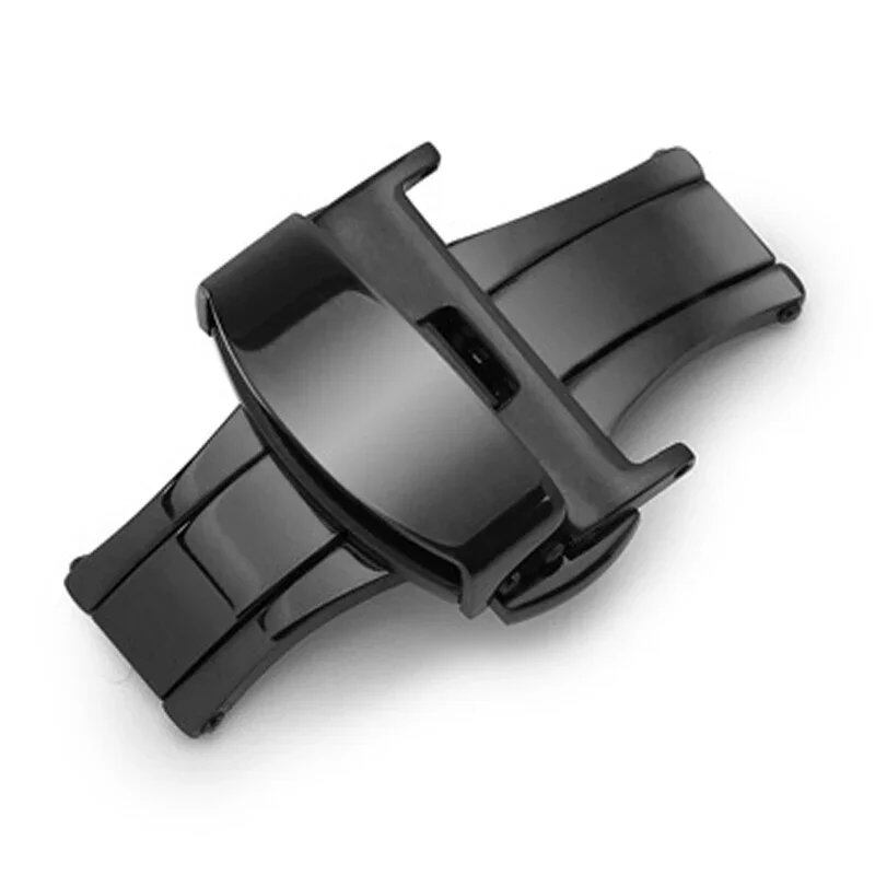 Stainless steel butterfly buckle with polished/matte buttons for watch bands in sizes 16mm, 20mm, 22mm, 24mm, 10/12/14mm. Available in mm band colors. Parallel import.