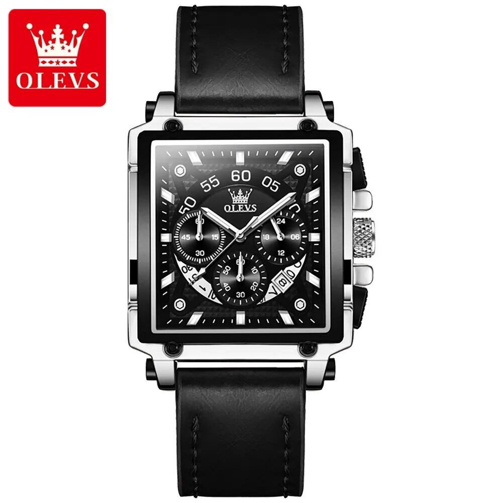 OLEVS Top Brand Men's Square Quartz Watch with Waterproof Leather Strap, Sports Clock for Men; Customization Unavailable, Parallel Import