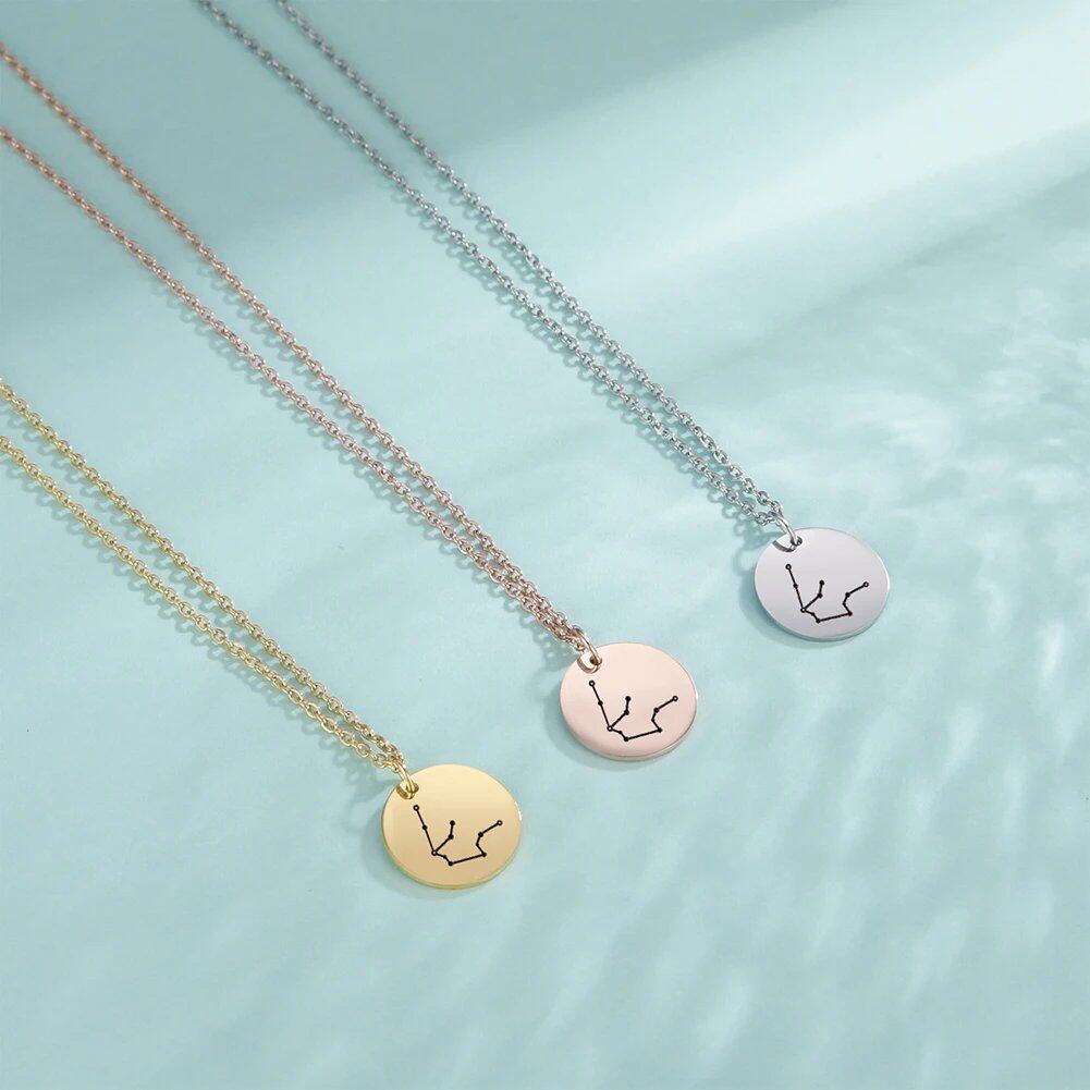 Skyrim Zodiac Necklace for Women, Skyline Design, Stainless Steel, Leo, Gemini, Taurus, Aries, Libra, Virgo Pendant, 45-50cm Long; Main Stone Color: Parallel Import