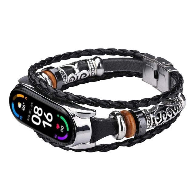 Leather Watch Band for Xiaomi Mi Band 6, 5, 4, 3, Ethnic Retro Style Smart Band, Fashion Accessory, Band Color: Parallel Import
