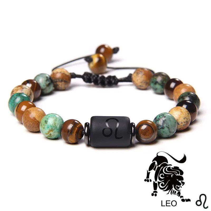 12 Zodiac Signs Bracelet, Natural Turquoise and Tiger Eye Stones, Braided Bracelet, Jewelry for Women and Men, Couples Gift, Adjustable Length; Metal Color: Parallel Import