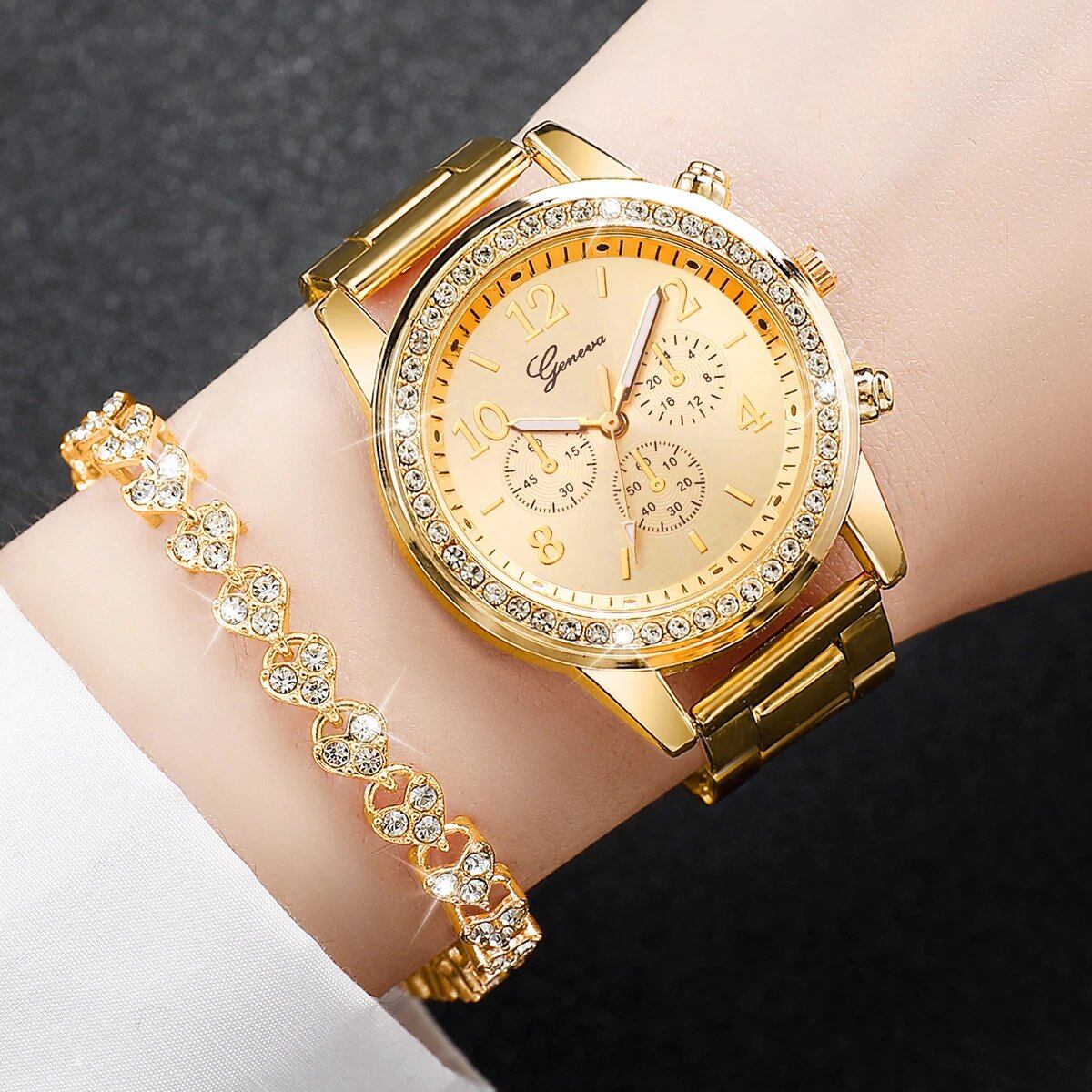 Fashion Women's Stainless Steel Gold-Tone Quartz Watch with Diamond Bracelet, Color: Gold, Parallel Import