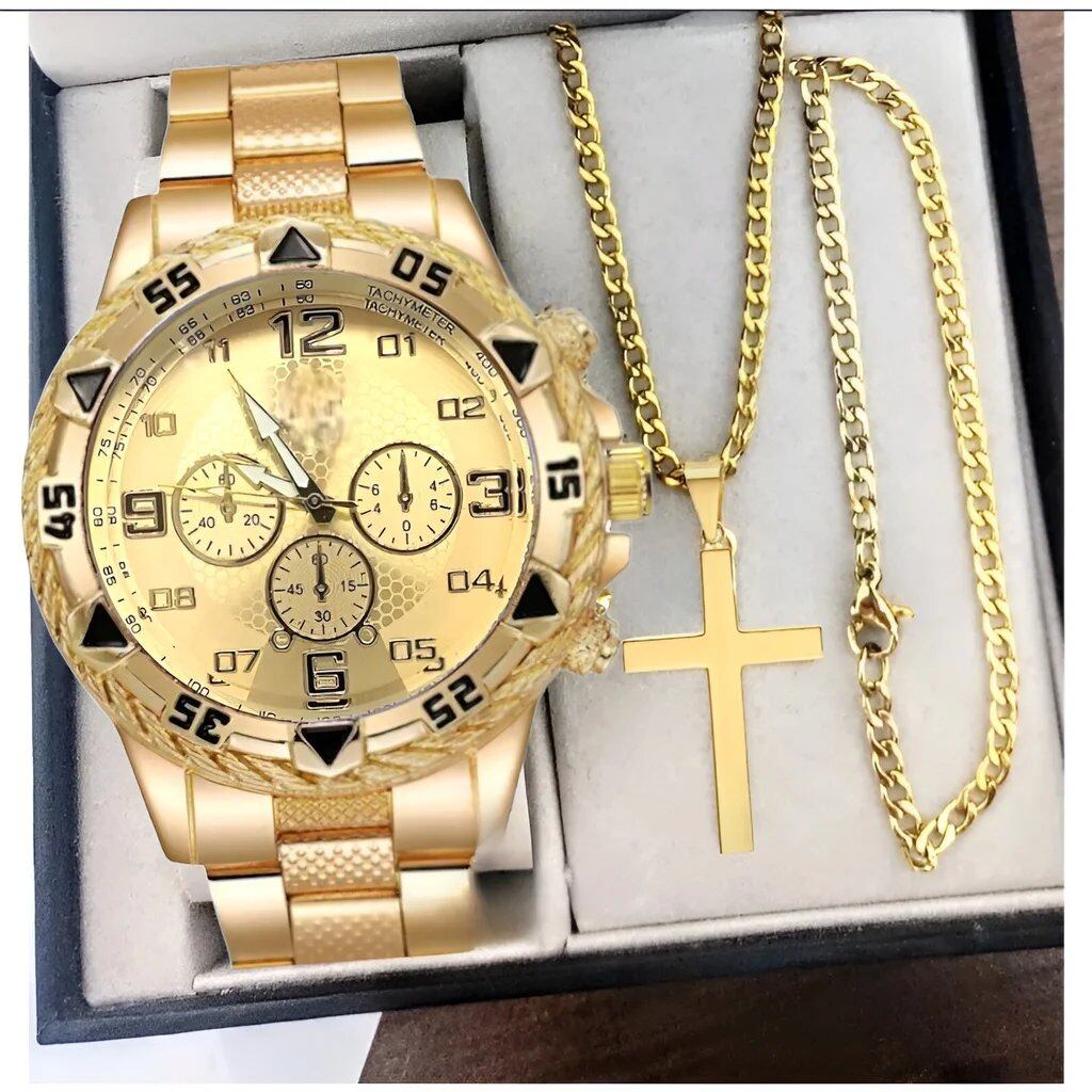 Keglect Men's Steel Band Quartz Watch with Digital Scale, Wristwatch, Necklace, and Bracelet Set; Customization Not Available; Ships from: Parallel Import