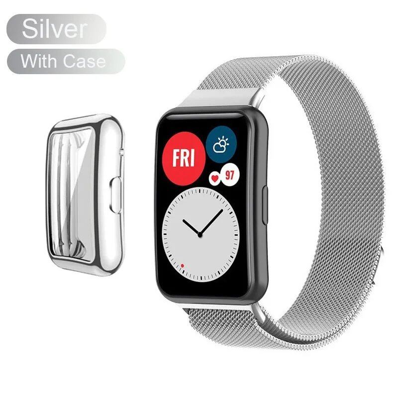 Huawei Watch Fit Metal Band Strap with Case and TPU Screen Protector, Compatible with Huawei Watch Fit 2, Milanese Bracelet, Magnetic Loop Watch Band, Band Color: Parallel Import