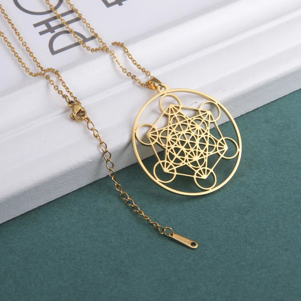 "Skyrim Angel Seal Archangel Metatron Cube Necklace, Stainless Steel, Unisex, Sacred Geometry Amulet, Religious and Spiritual Jewelry" Metal Color: Parallel Import