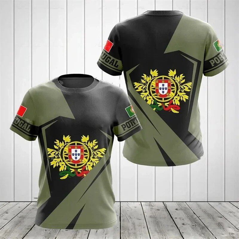 3D Printed Portuguese Flag T-Shirt with Portuguese Emblem and Spiritual Totem, Men's Short Sleeve Cool T-Shirt, Streetwear, Size: Parallel Import