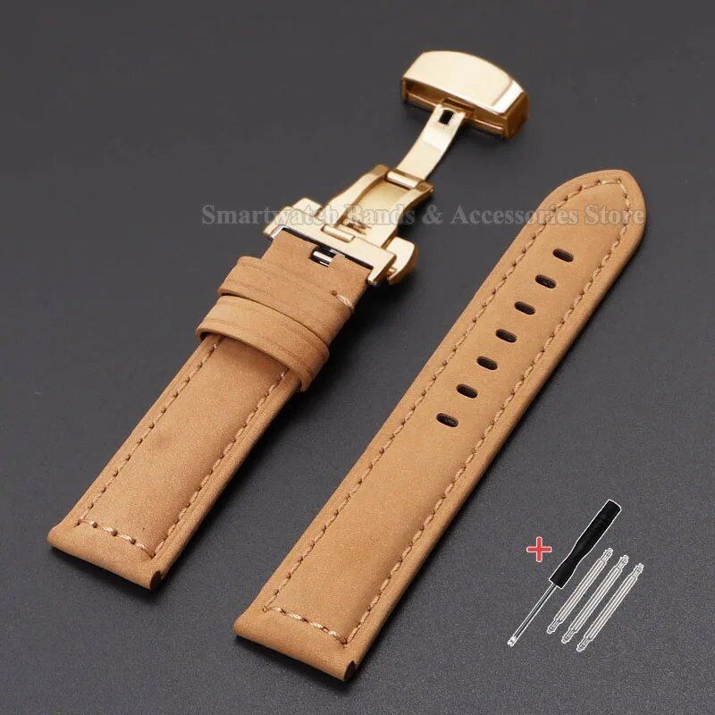 Vintage-style calf leather strap for Panerai and Seiko watches in sizes 20mm, 22mm, 24mm, and 26mm. Features a metal butterfly clasp. Band color: mm. Parallel import.