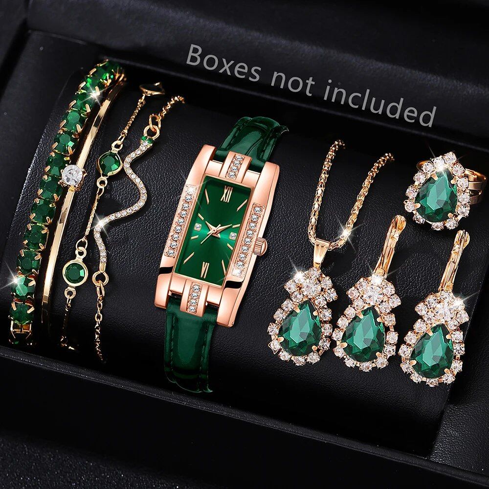 9-Piece Women's Green Watch Set, Trendy Fashion Square Dial Quartz Watch, Bracelet, Necklace, and Earrings Set, Holiday Gift, Color: Green, Parallel Import