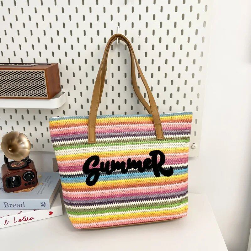 夏用レース刺繍ビーチバッグ 女性用トートバッグ 大容量ショルダーバッグ 草編みバッグ 色: 並行輸入品