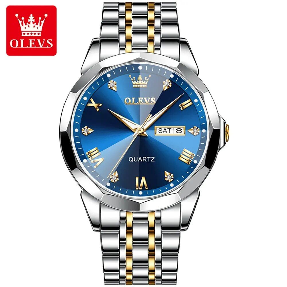 OLEVS Men's Diamond-Cut Dial Quartz Watch, Waterproof, Luminous Stainless Steel, Date and Day Display, Color: Men's; Customization Unavailable, Parallel Import