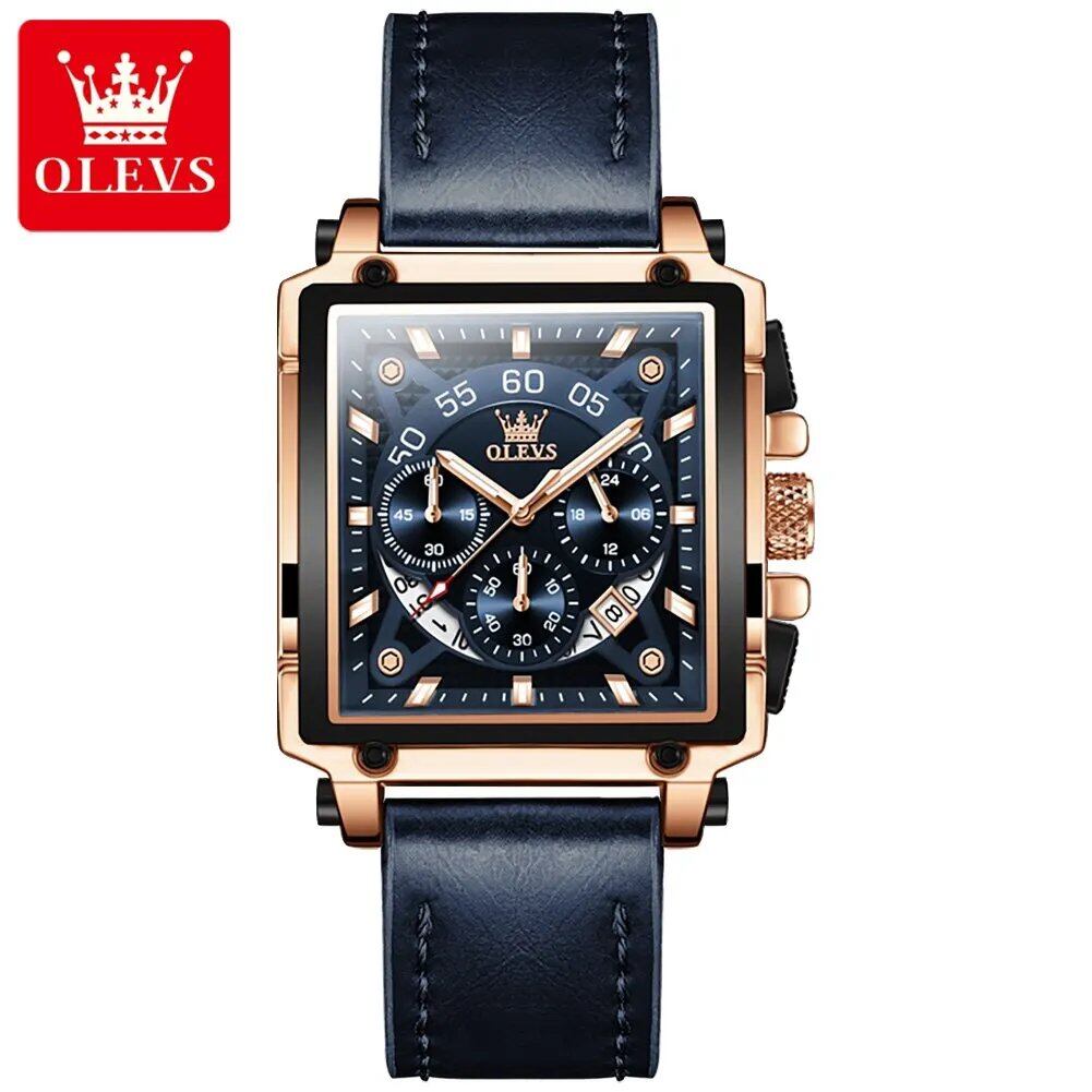 OLEVS Top Brand Men's Square Quartz Watch with Waterproof Leather Strap, Sports Clock for Men; Customization Unavailable, Parallel Import