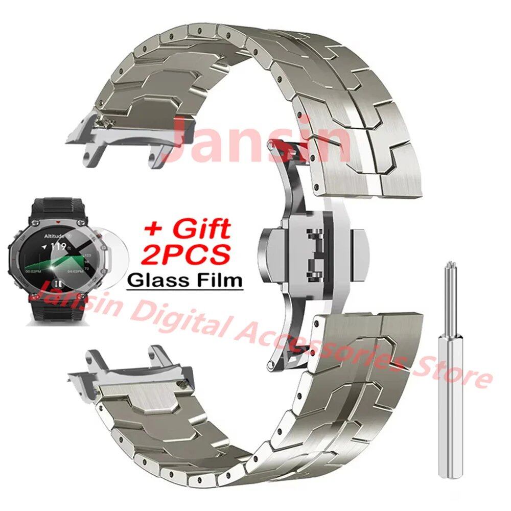 Amazfit T-REX 3 Metal Bracelet, Stainless Steel Band, Business, Protective Glass Film, Accessories, Band Color: ; Bandwidth: Compatible with Amazfit T-REX 3, Parallel Import