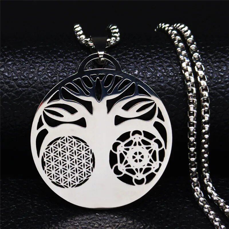 Yoga Flower of Life Buddhist Amulet Necklace, Stainless Steel, Spiritual Medal, Tree of Life Jewelry, Fleur de Vie, N3091, Metal Color: 50cm, Parallel Import