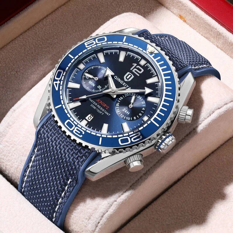 QINGXIYA Fashion Chronograph Quartz Men's Watch with Silicone Strap, Waterproof, Calendar, 24-Hour Display, Sports Watch, Blue; Customization Unavailable, Parallel Import