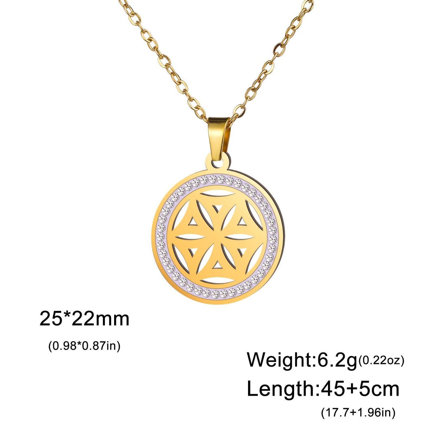 Skyrim Flower Seed of Life Necklace for Women, Stainless Steel with Clear Zircon Round Pendant, Sacred Geometry Spiritual Amulet Jewelry, Length: 45-50cm; Metal Color, Parallel Import