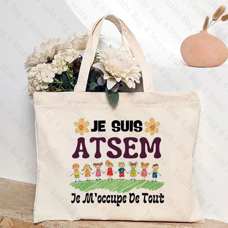 ATSEM フランス語 プレゼント トートバッグ - 教育アシスタント・保育プロフェッショナル向け コンパクトショッピングバッグ 女性用ショルダーバッグ カラー 並行輸入品