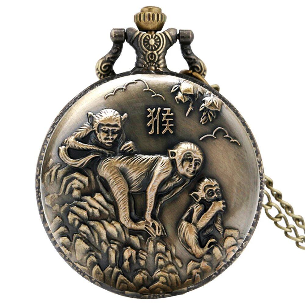 Vintage Bronze Zodiac (Rat, Ox, Tiger, Rabbit, Dragon, Snake, Horse, Sheep, Monkey, Bird, Dog, Boar) Quartz Necklace Pocket Watch, Color: Zodiac, Parallel Import