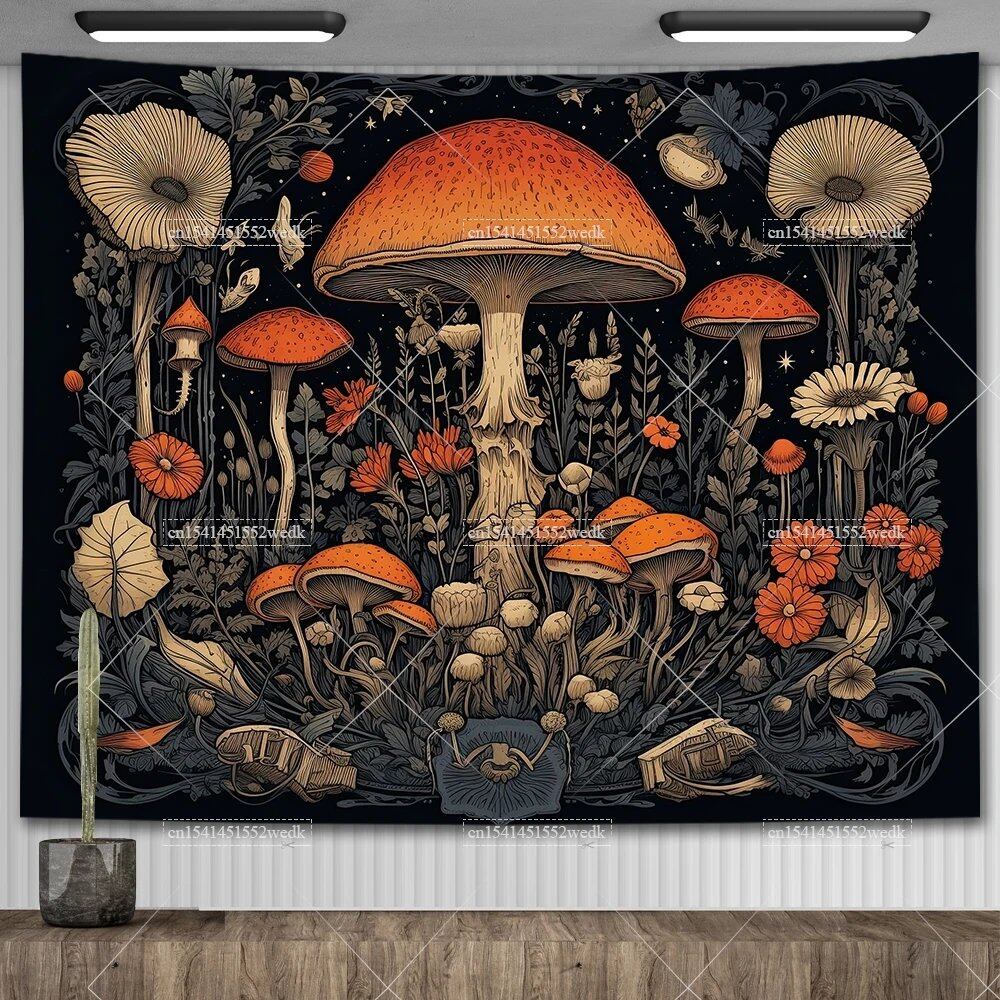 Mushroom Tapestry, Botanical Bohemian Floral, Spiritual Room Decor, Stylish Party Backdrop, Yoga Blanket for Bedroom, Size: Parallel Import