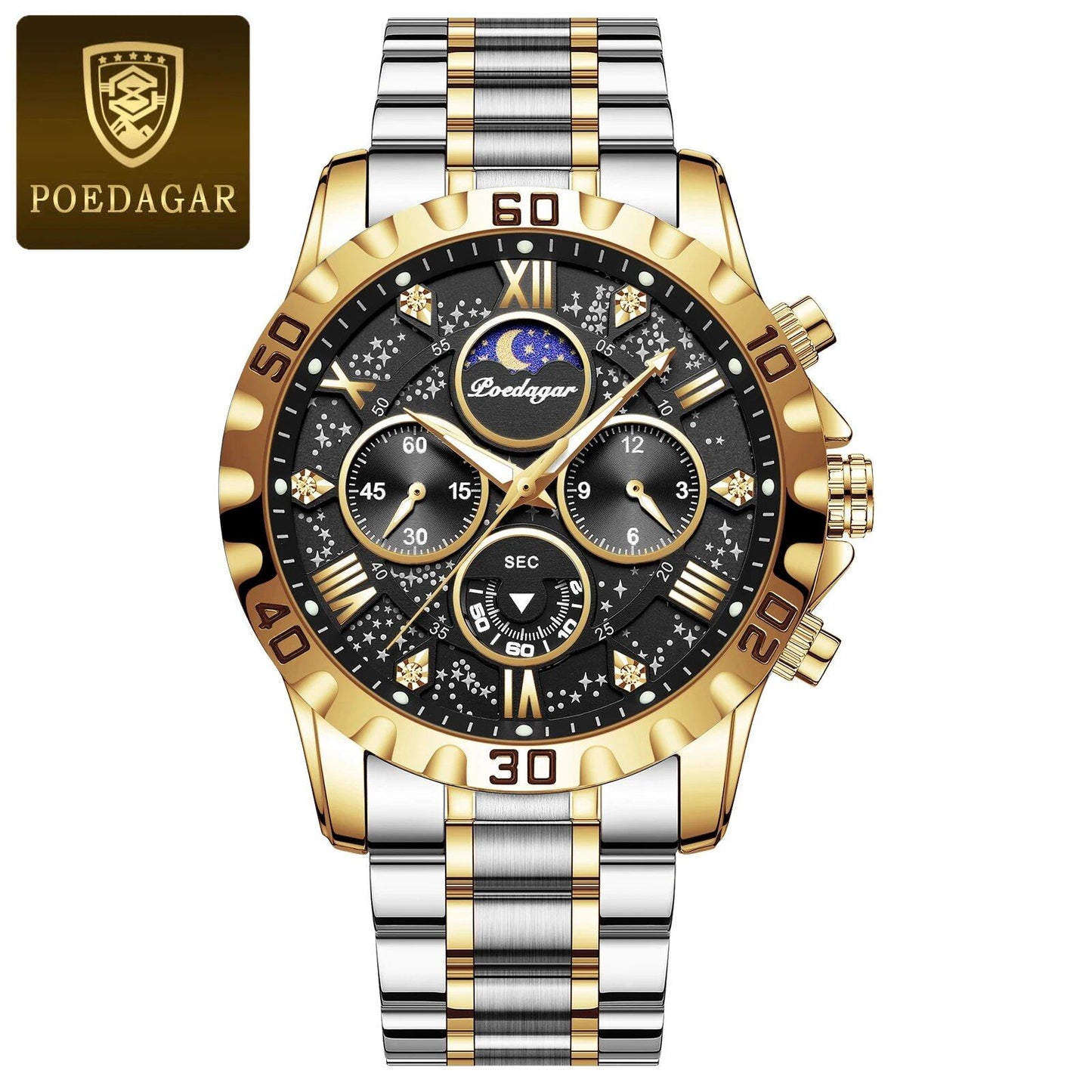 POEDAGAR Luxury Men's Military Sport Quartz Watch with Luminous Chronograph, Stainless Steel, Color: 973, Imported