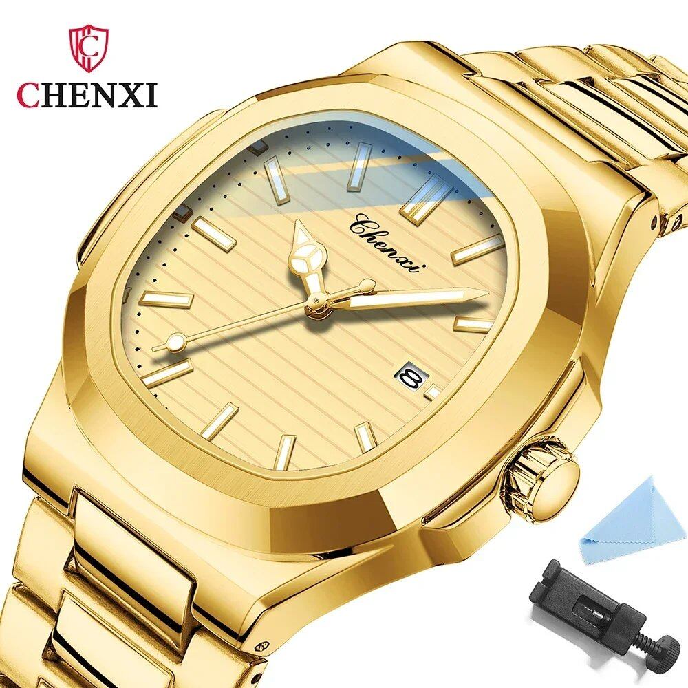 Chenxi 8222 Men's Luxury Gold Stainless Steel Luminous Quartz Watch, Waterproof, Fashionable, Parallel Import