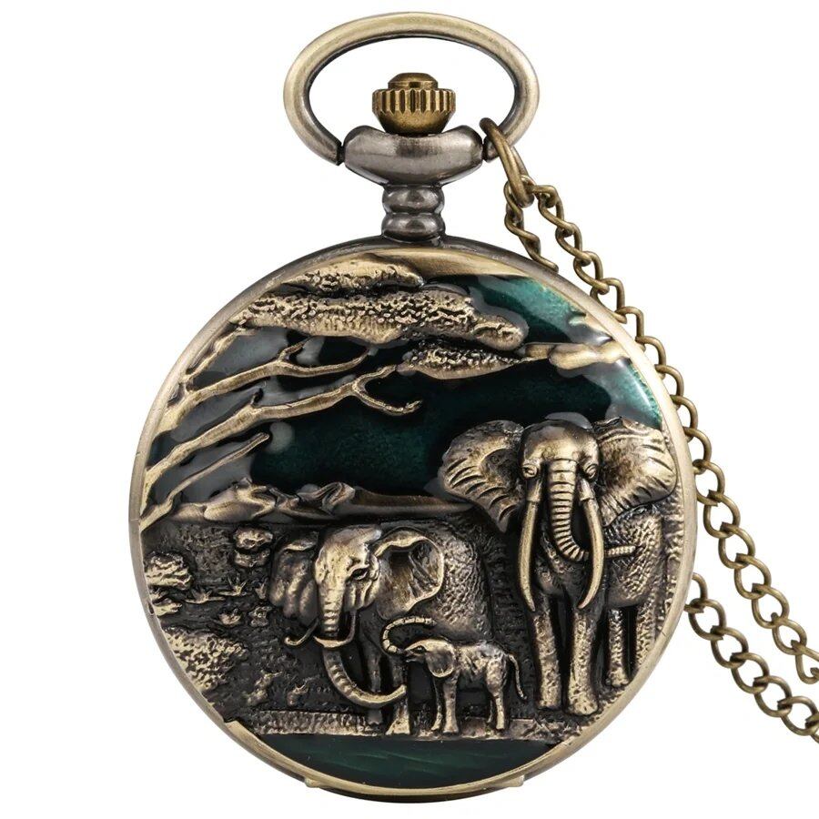 New Elephant Vivid Engraving Vintage Bronze Arabic Literal Quartz Large Pocket Watch with Sweater Chain, Pendant Clock for Men and Women, Gift, Color: Bronze, Parallel Import
