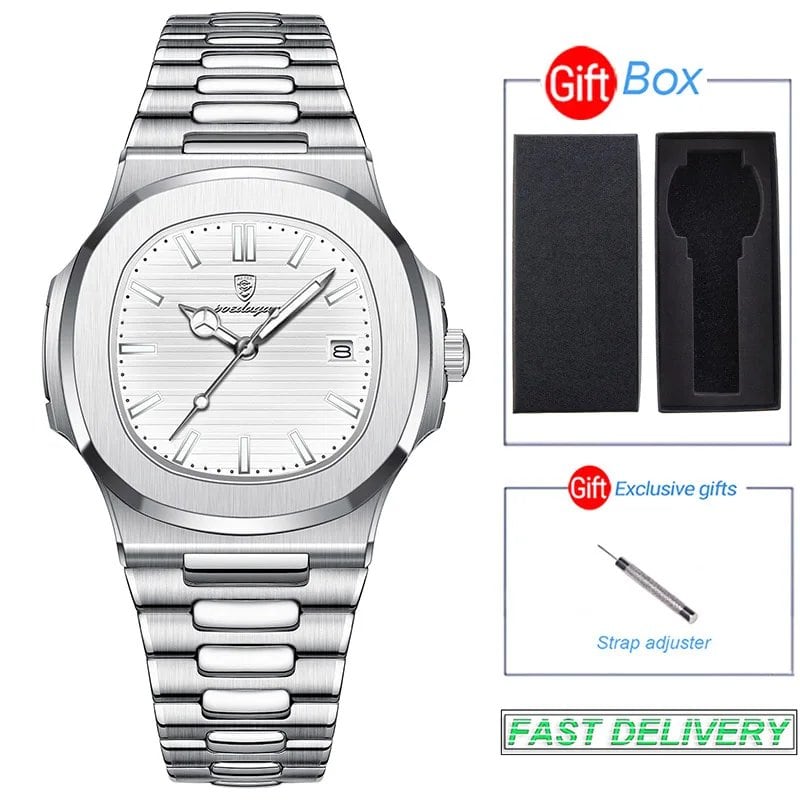 POEDAGAR Stainless Steel Men's Watch, Waterproof, Business Style, with Calendar, Quartz Movement, Luxury Laminated Square Design, Parallel Import
