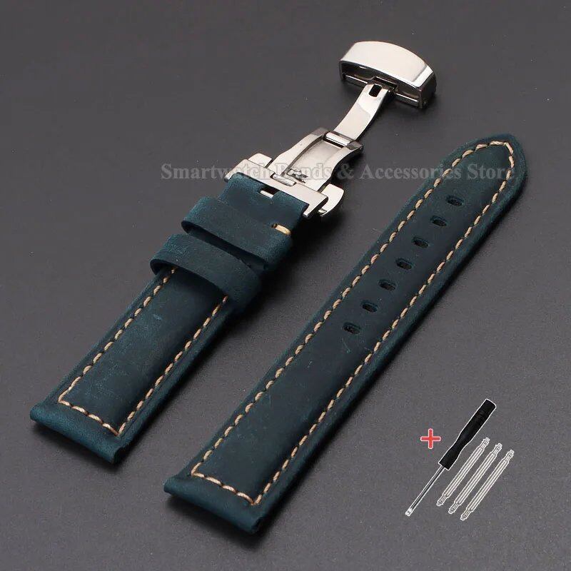 Vintage-style calf leather strap for Panerai and Seiko watches in sizes 20mm, 22mm, 24mm, and 26mm. Features a metal butterfly clasp. Band color: mm. Parallel import.