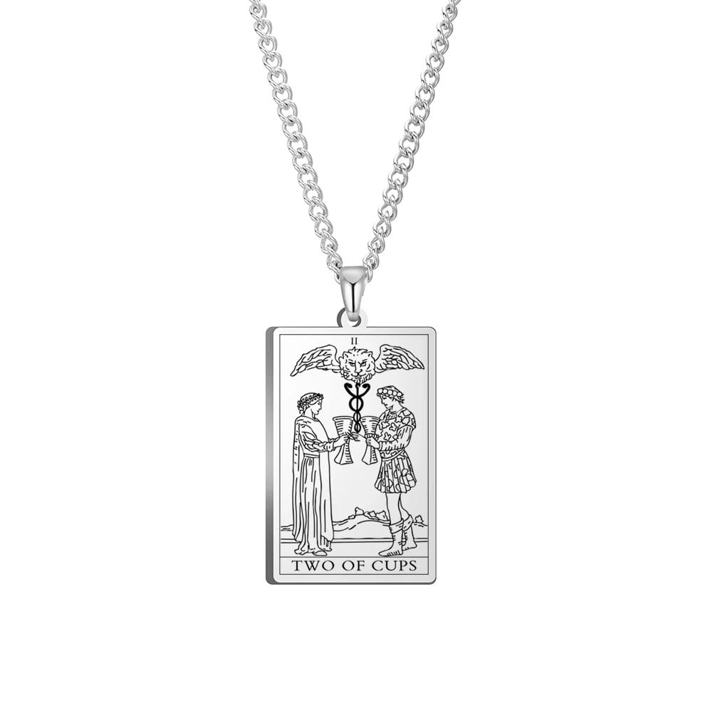 Dawapara Cups Tarot Card Link Chain Pendant Necklace, Vintage Amulet Necklace for Men and Women, Stainless Steel, Parallel Import