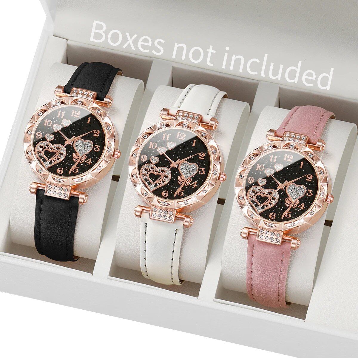 Set of 3 Women's Fashion Leather Strap Quartz Watches with Heart-Shaped Dials in Black, White, and Pink. Colors: Other. Parallel Import.