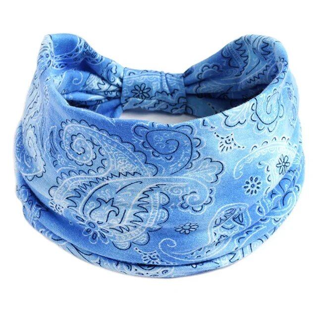 New Boho Floral Print Wide Headband with Vintage Knot Elastic Turban Headwrap for Women and Girls, Cotton Soft Bandana Hair Accessory, Parallel Import