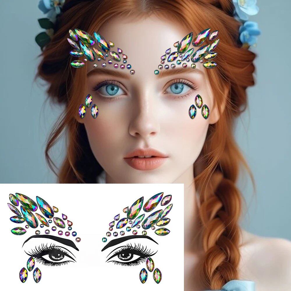 1/5/8-Piece 3D Face and Eye Tattoo Stickers for Party Makeup, Diamond Rhinestone Stickers, Self-Adhesive Mixed Crystal Face Decoration Stickers, Parallel Import