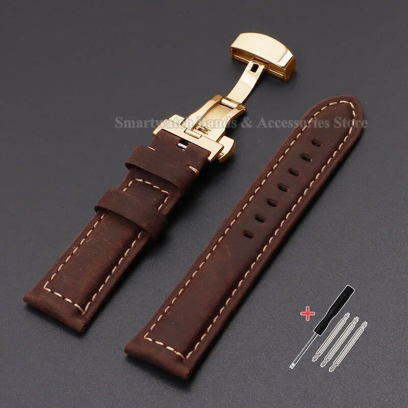 Vintage-style calf leather strap for Panerai and Seiko watches in sizes 20mm, 22mm, 24mm, and 26mm. Features a metal butterfly clasp. Band color: mm. Parallel import.