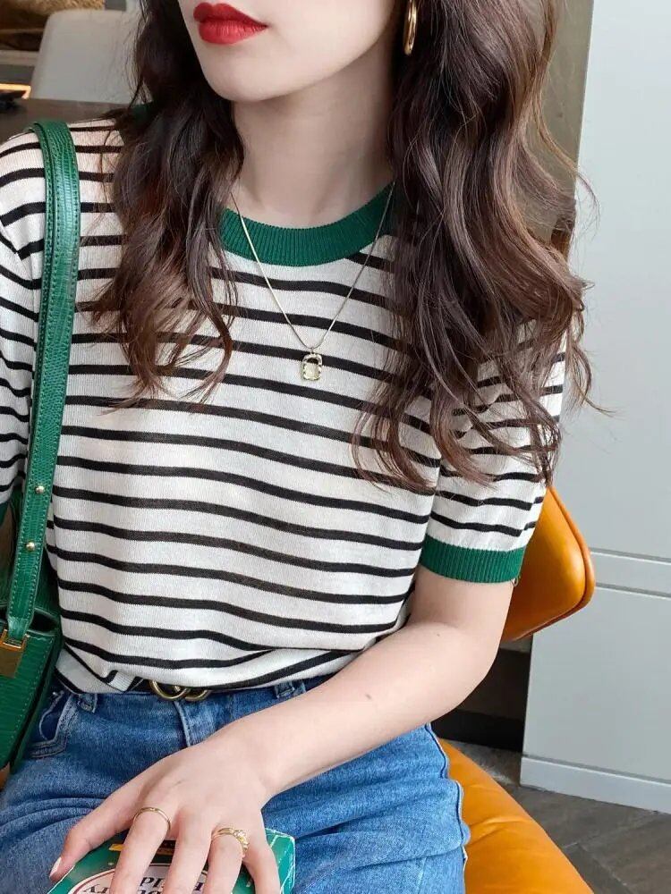 Women's Striped Knit Top, Round Neck, Summer Print, Short Sleeve, Casual, Simple, Wild T-Shirt, Size: One Size; Striped, Parallel Import