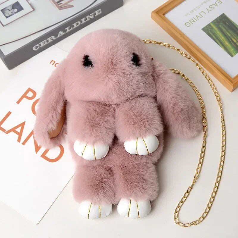 Cute Fluffy Rabbit Pom Pom Chain Bag for Women, Cartoon Rabbit Sling Bag, Plush Bunny Shoulder Backpack, Birthday Gift for Girls, Parallel Import