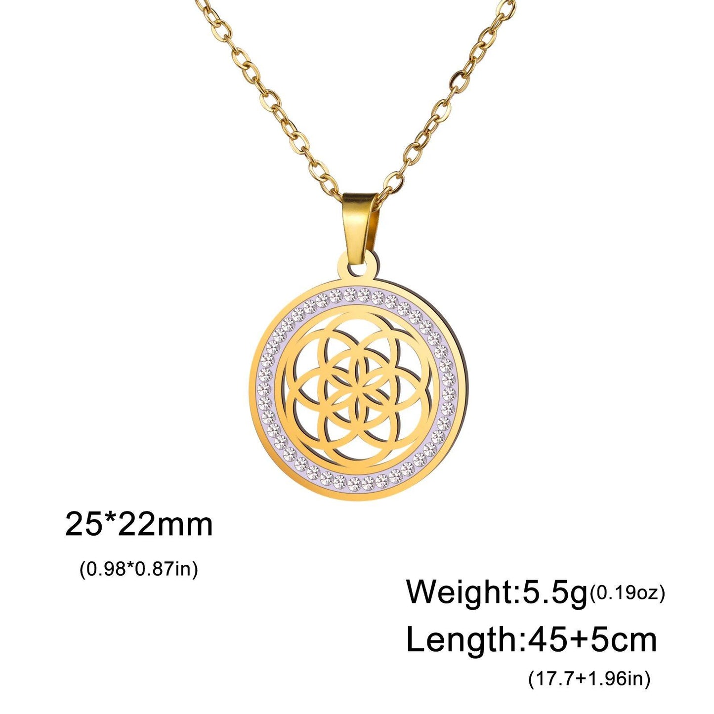 Skyrim Flower Seed of Life Necklace for Women, Stainless Steel with Clear Zircon Round Pendant, Sacred Geometry Spiritual Amulet Jewelry, Length: 45-50cm; Metal Color, Parallel Import
