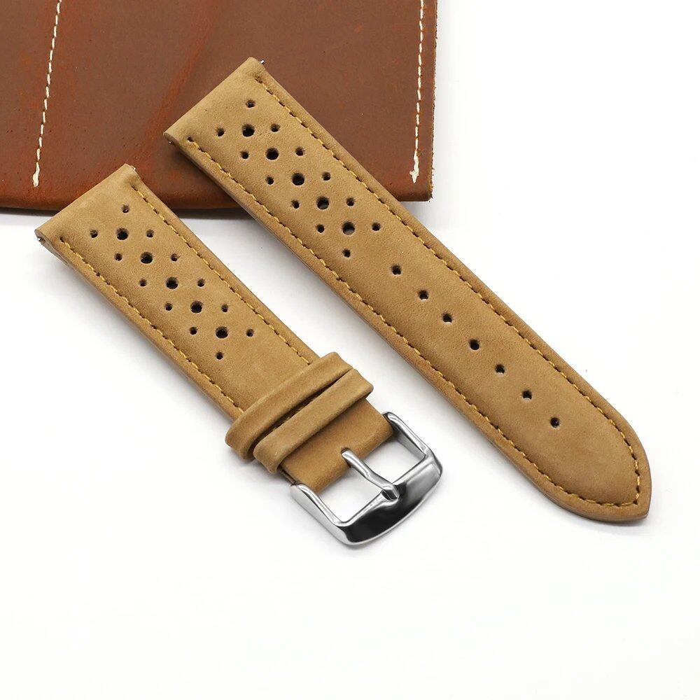 Vintage Handmade Leather Watch Strap, 18mm, 19mm, 20mm, 22mm, 24mm, Racing Gray, Black, Brown, Blue, Ventilated, Band Color: mm, Parallel Import