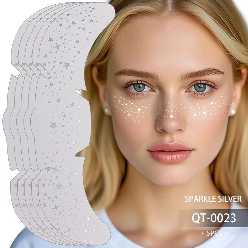 1/5pc Metallic Gold & Silver Fake Freckles Sparkle Glitter Star Facial Tattoo Stickers for Women Makeup Decoration Patches Color: Parallel Import
