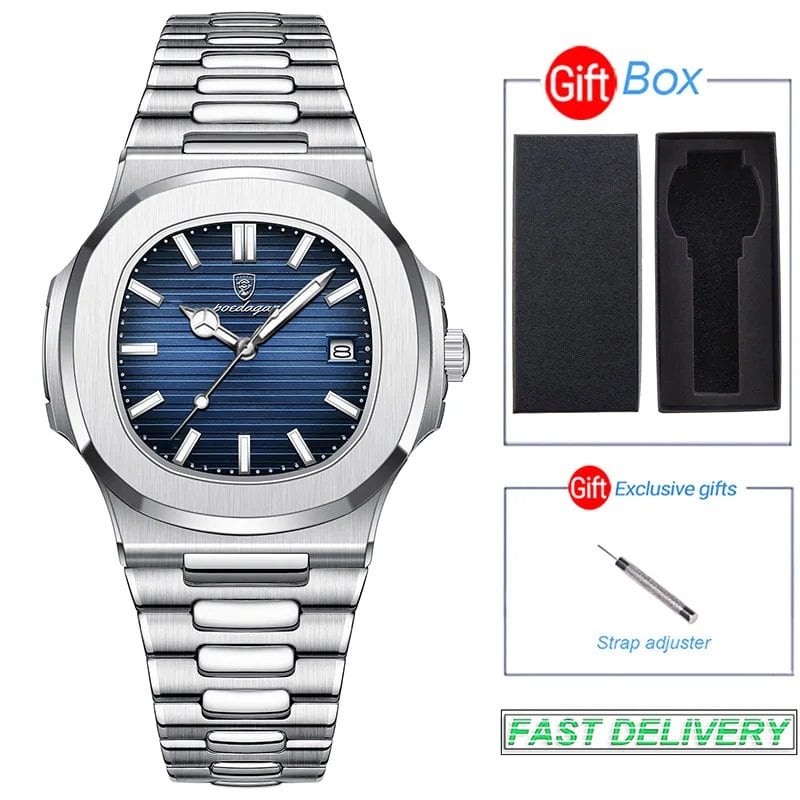 POEDAGAR Stainless Steel Men's Watch, Waterproof, Business Style, with Calendar, Quartz Movement, Luxury Laminated Square Design, Parallel Import
