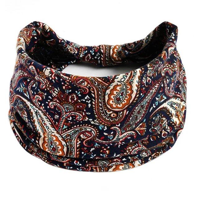 New Boho Floral Print Wide Headband with Vintage Knot Elastic Turban Headwrap for Women and Girls, Cotton Soft Bandana Hair Accessory, Parallel Import