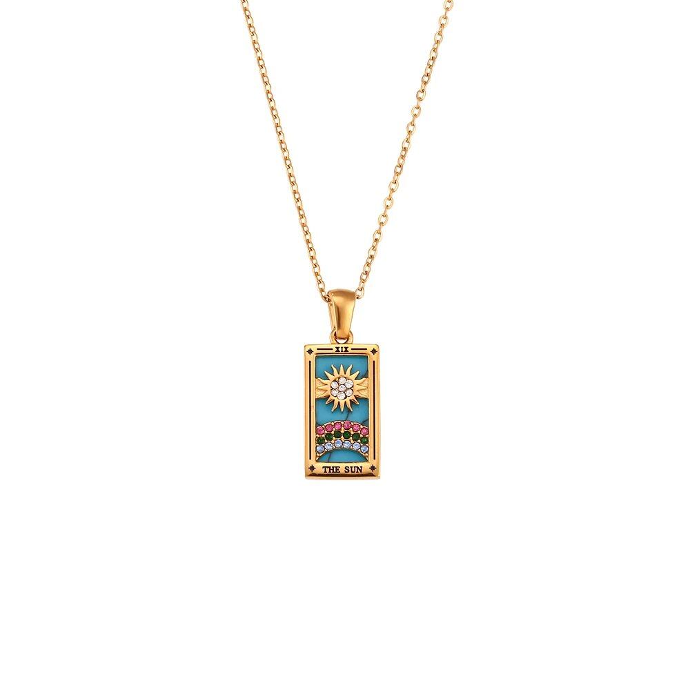 2022 Color-Resistant Colorful Tarot Necklace with Zircon Star, Moon, Sun, Lovers, Magician, Knight, and Empress Pendants for Women, 40cm Long; Metal Color: Parallel Import