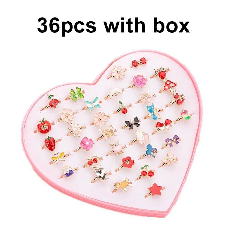10/20/36-Piece Cute Adjustable Rings for Kids and Girls, Pretend Play Makeup Toy, Cartoon Crystal Jewelry, Alloy, Animal, Enamel Rings, Parallel Import
