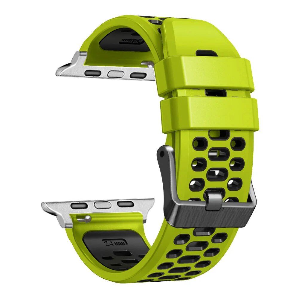 Breathable silicone wristband for Apple Watch Ultra 2 (49mm) / Series 9, 8, 7, SE, and 6 (45mm, 44mm, 42mm). Band Colors: 49mm, 45mm, 44mm, 42mm. Parallel import.