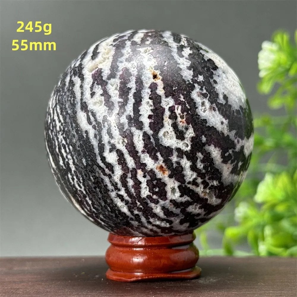 Natural Purple Zebra Fluorite Ball for Reiki Healing, Spiritual Meditation, Chakra Therapy, Magic, Ritual, Divination, Home Decoration, with Stand, Color: A, Parallel Import