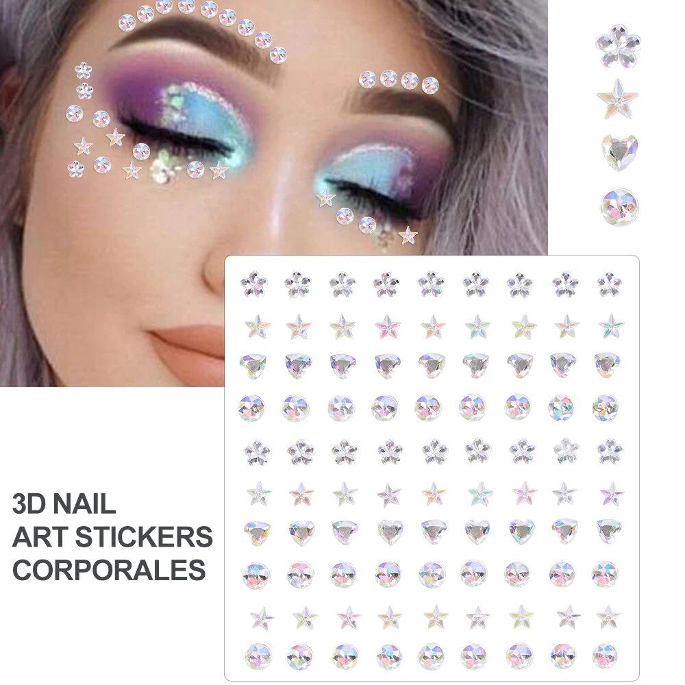 1/5/8-Piece 3D Face and Eye Tattoo Stickers for Party Makeup, Diamond Rhinestone Stickers, Self-Adhesive Mixed Crystal Face Decoration Stickers, Parallel Import