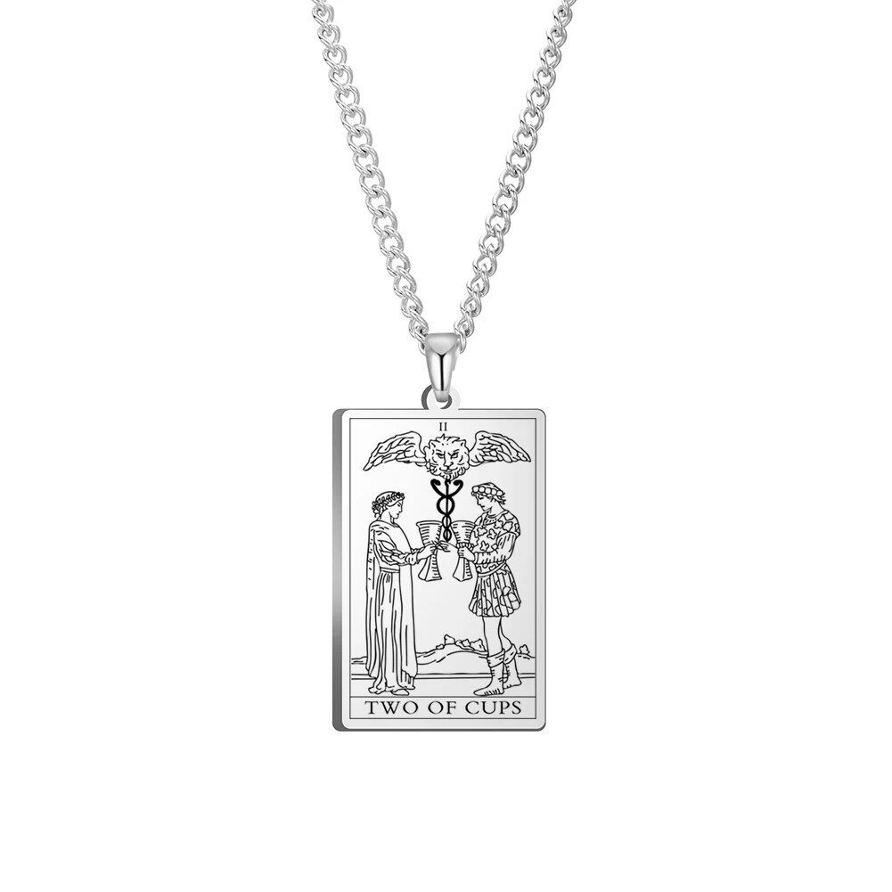 Dawapara Cups Tarot Card Link Chain Pendant Necklace, Vintage Amulet Necklace for Men and Women, Stainless Steel, Parallel Import