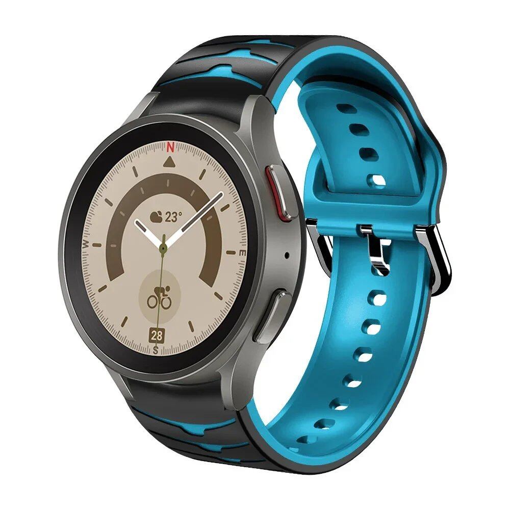 Compatible with Samsung Galaxy Watch 5 Pro (45mm), 6/5/4 (40mm), and 44mm. Two-tone silicone strap with no-grip. Compatible with Galaxy Watch 6/4 Classic (47mm), 43mm. Band Color: Compatible with Galaxy Watch 4, 5, 6, and 7. Parallel import.